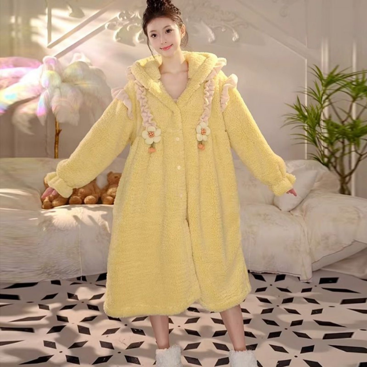 珊瑚绒睡袍女冬季加厚保暖连帽中长款睡衣甜美风家居服可外穿晨袍