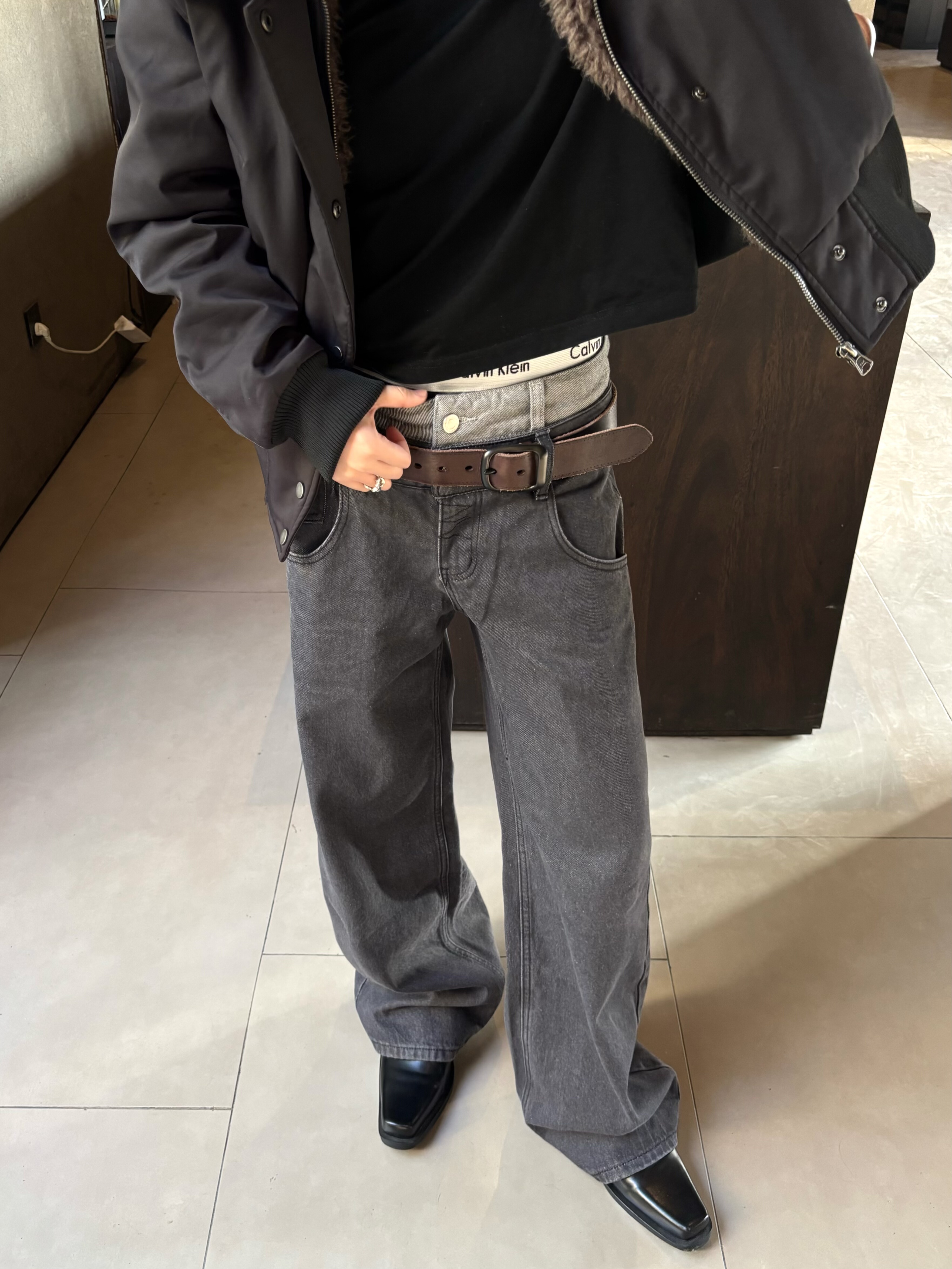 「1012H」美式双腰头复古水洗做旧牛仔裤男女宽松直筒潮拖地长裤