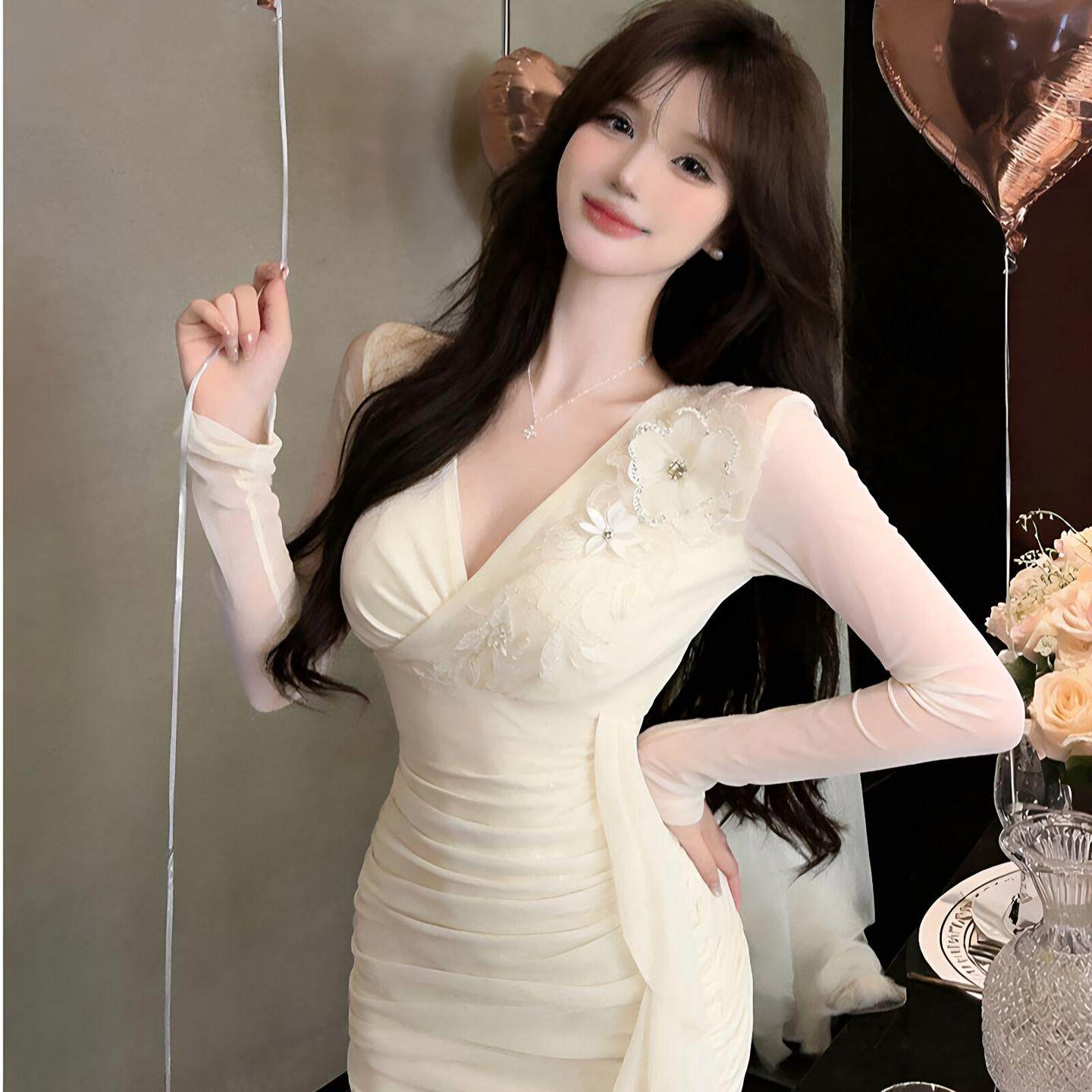 柔式足浴SPA按摩桑拿技师工作服性感v领网纱流苏拼接包臀连衣裙女