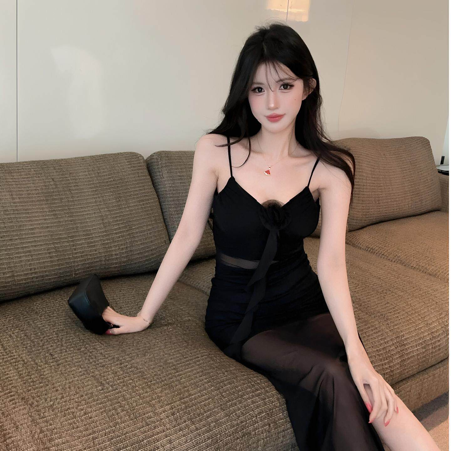 性感低胸吊带连衣裙柔式足浴SPA技师工作服修身开叉露背辣妹裙子