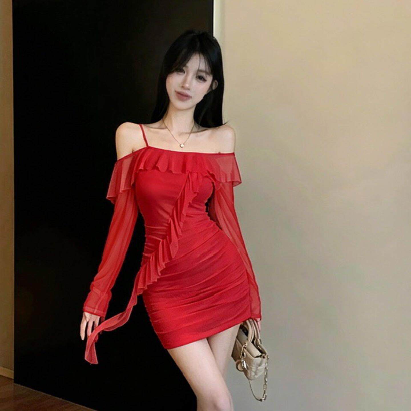 夜场女装工作服性感低胸荷叶边网纱长袖吊带连衣裙柔式技师短裙子