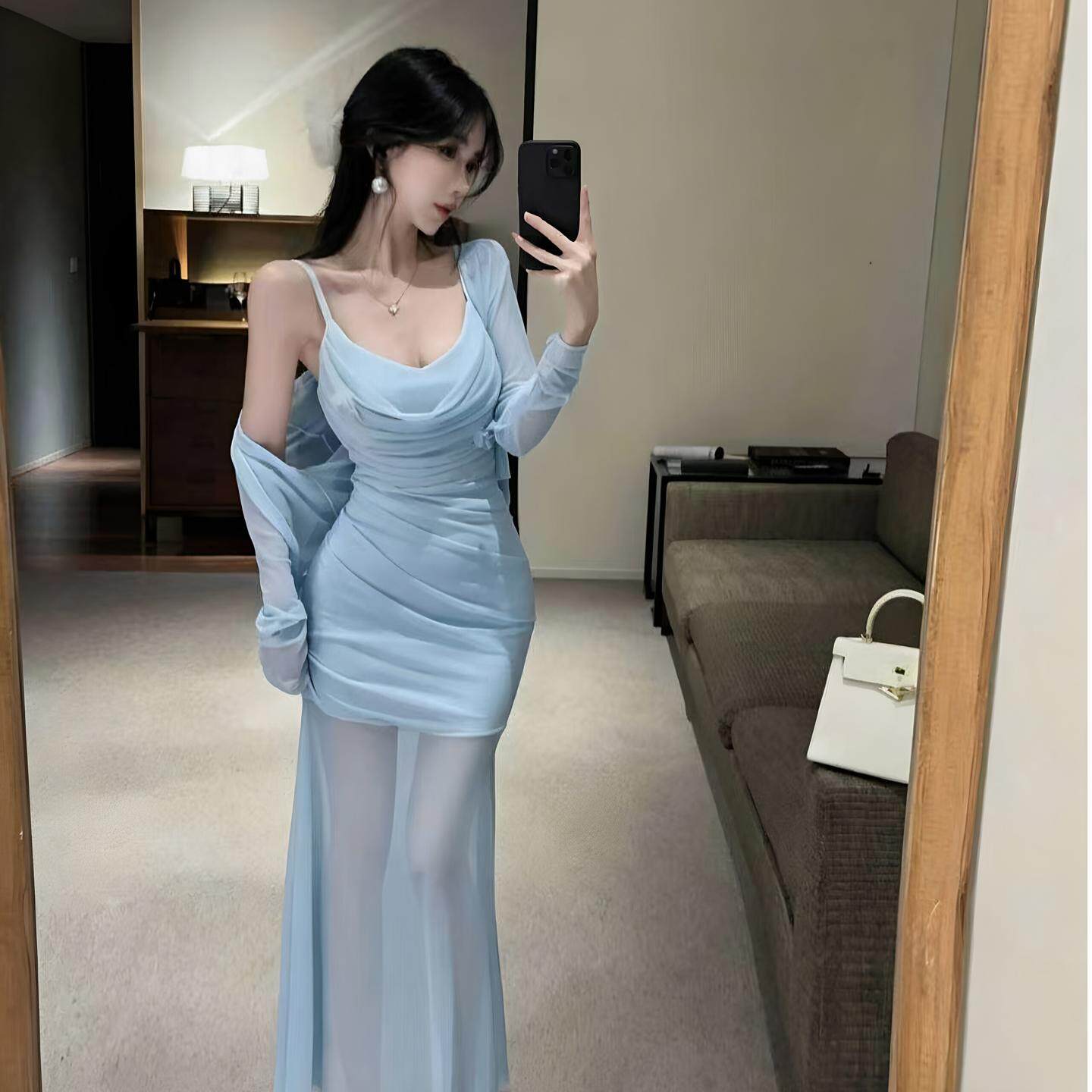 夜场柔式足浴技师佳丽礼服长裙性感低胸网纱吊带连衣裙开衫两件套