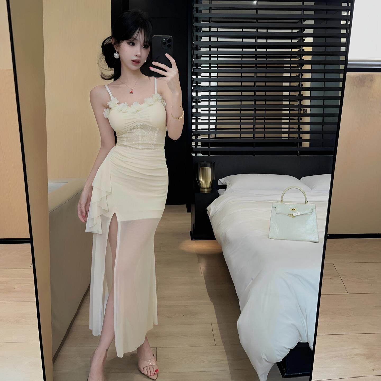 性感御姐风名媛连衣裙女夜场店柔式桑拿技师佳丽工作服开叉礼服裙