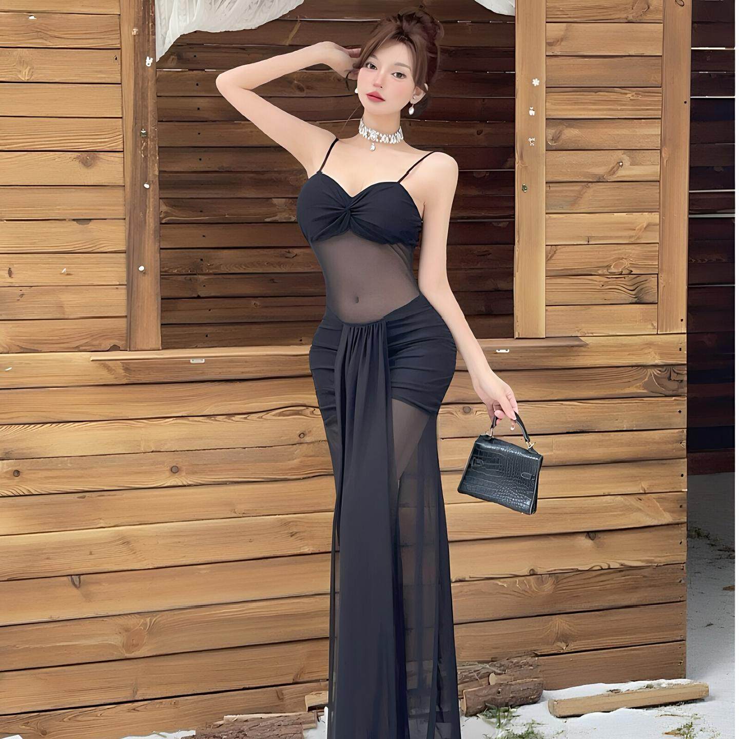 夜场店柔式减龄技师工作服性感低胸网纱半透视吊带连衣裙热辣裙子