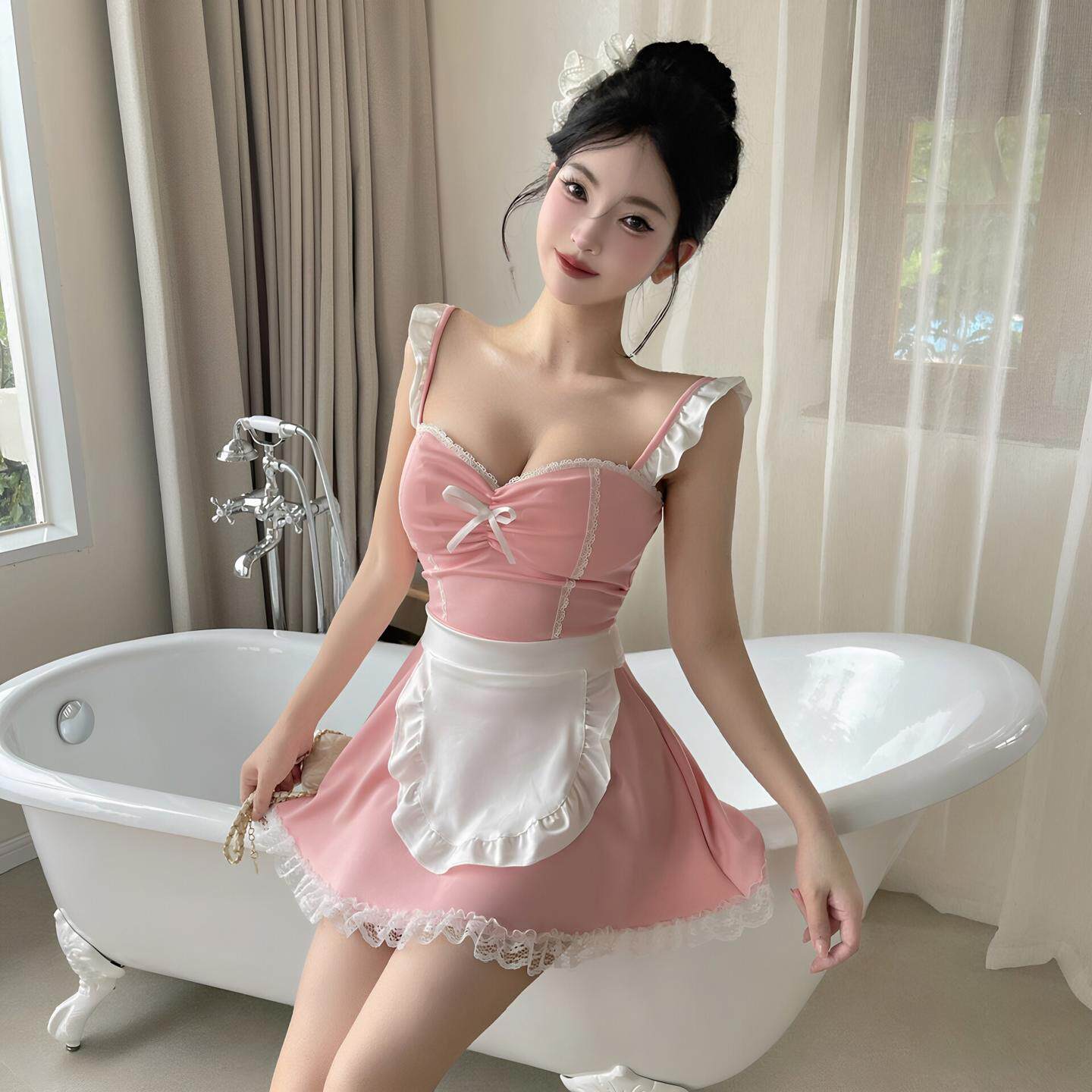 假两件女仆装连衣裙性感低胸吊带裙夜店酒吧服务员工作服收腰短裙