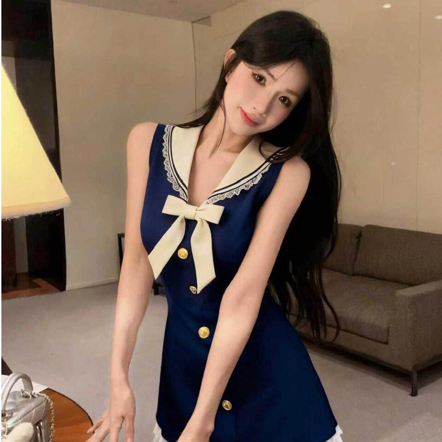 夜总会工装制服短裙性感v领蝴蝶结装饰收腰A字连衣裙足浴技师裙子