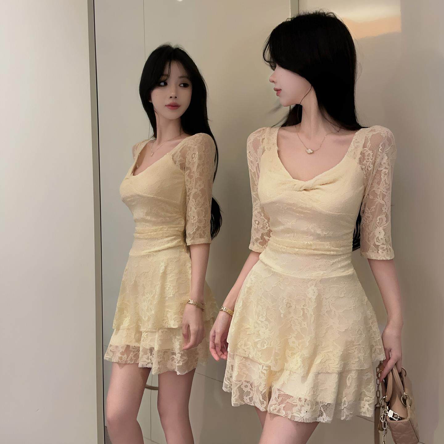 性感蕾丝工作服夜总会上班衣服收腰显瘦连衣裙桑拿足疗技师A字裙