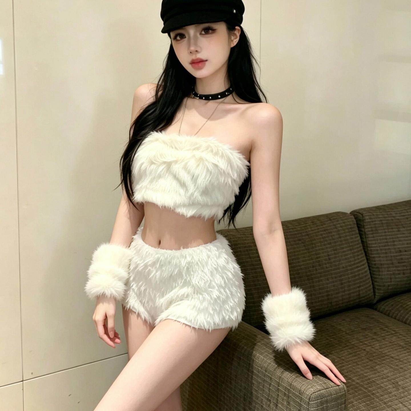 性感个性辣妹白色毛毛DJ夜店酒吧短裤上衣抹胸+短裤套装夜场女装