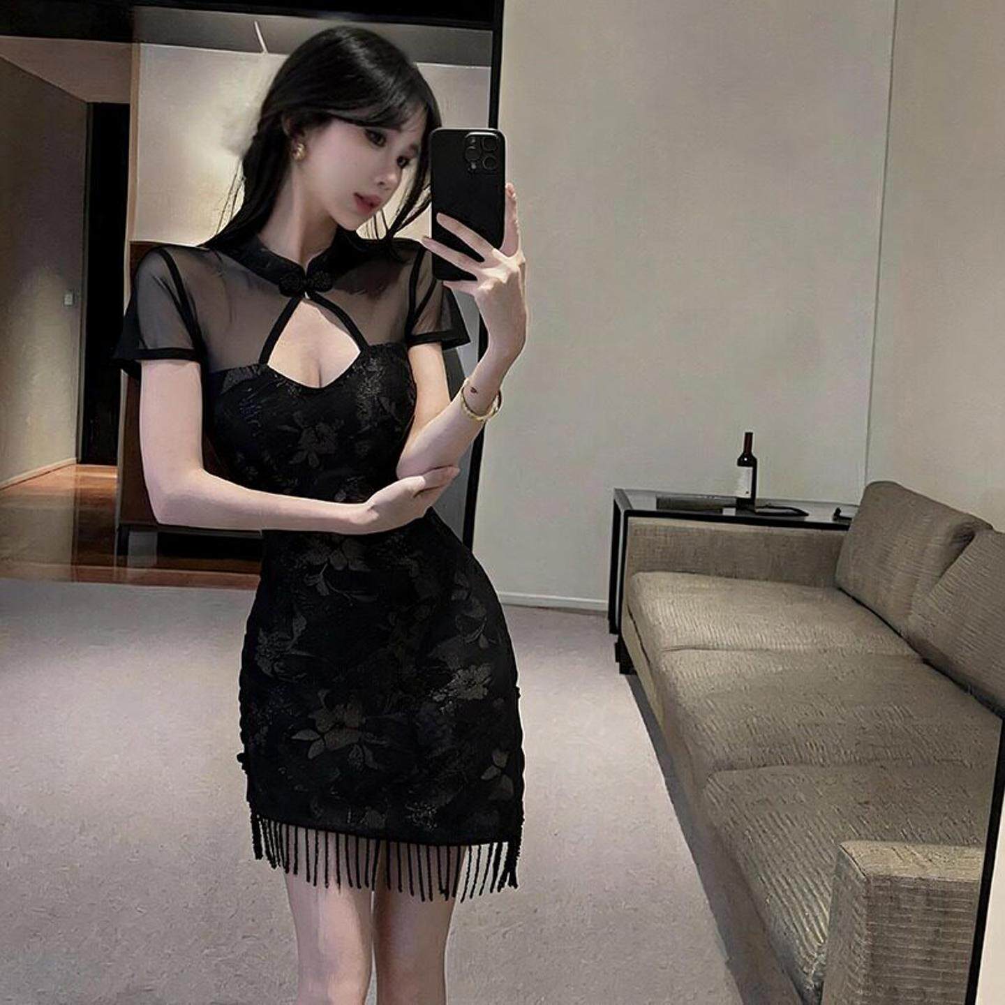 新中式足浴技师工作服修身气质改良旗袍裙夜总店流苏性感连衣裙女