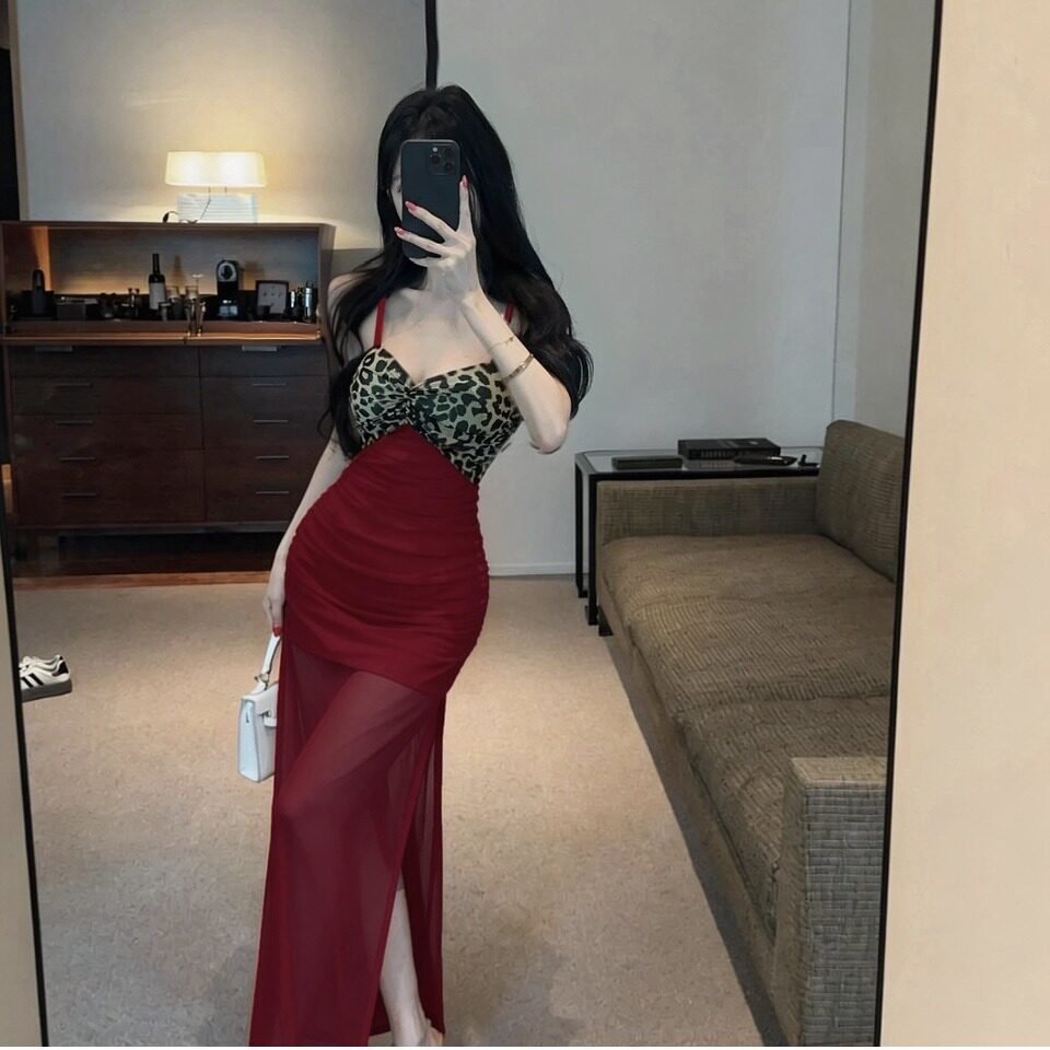 夜店纯欲会所撞色网纱豹纹拼接吊连衣裙