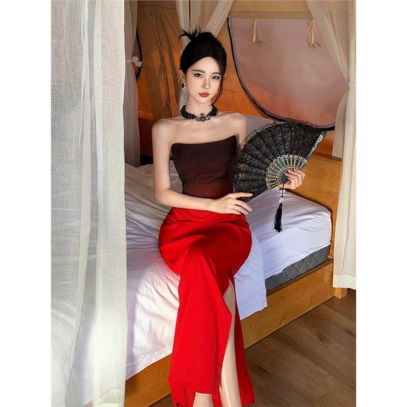 法式高级感渐变红色订婚礼服无袖抹胸连衣裙修身包臀长裙女夏新款