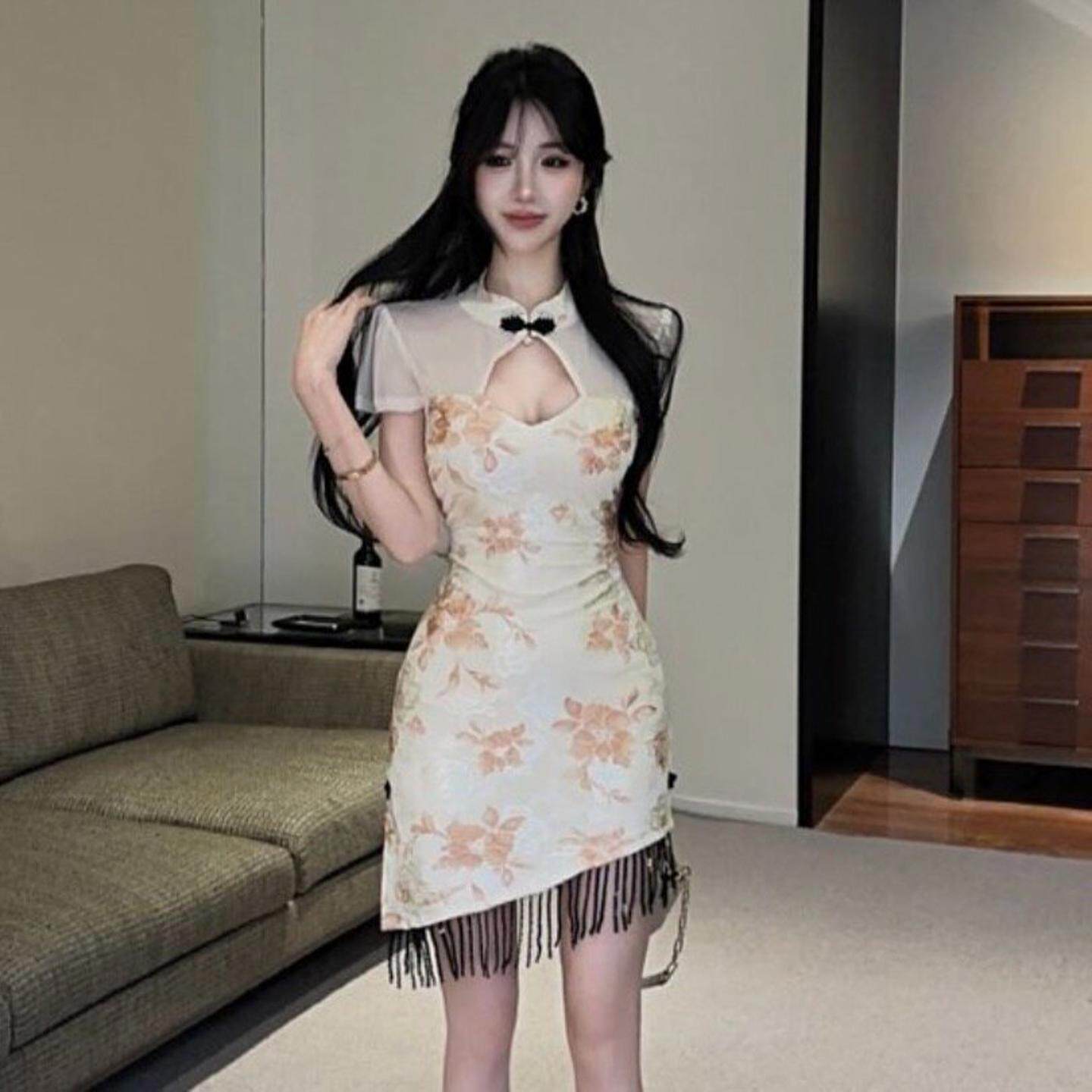 柔式减龄足浴按摩技师工作服性感改良旗袍修身显瘦流苏镂空连衣裙