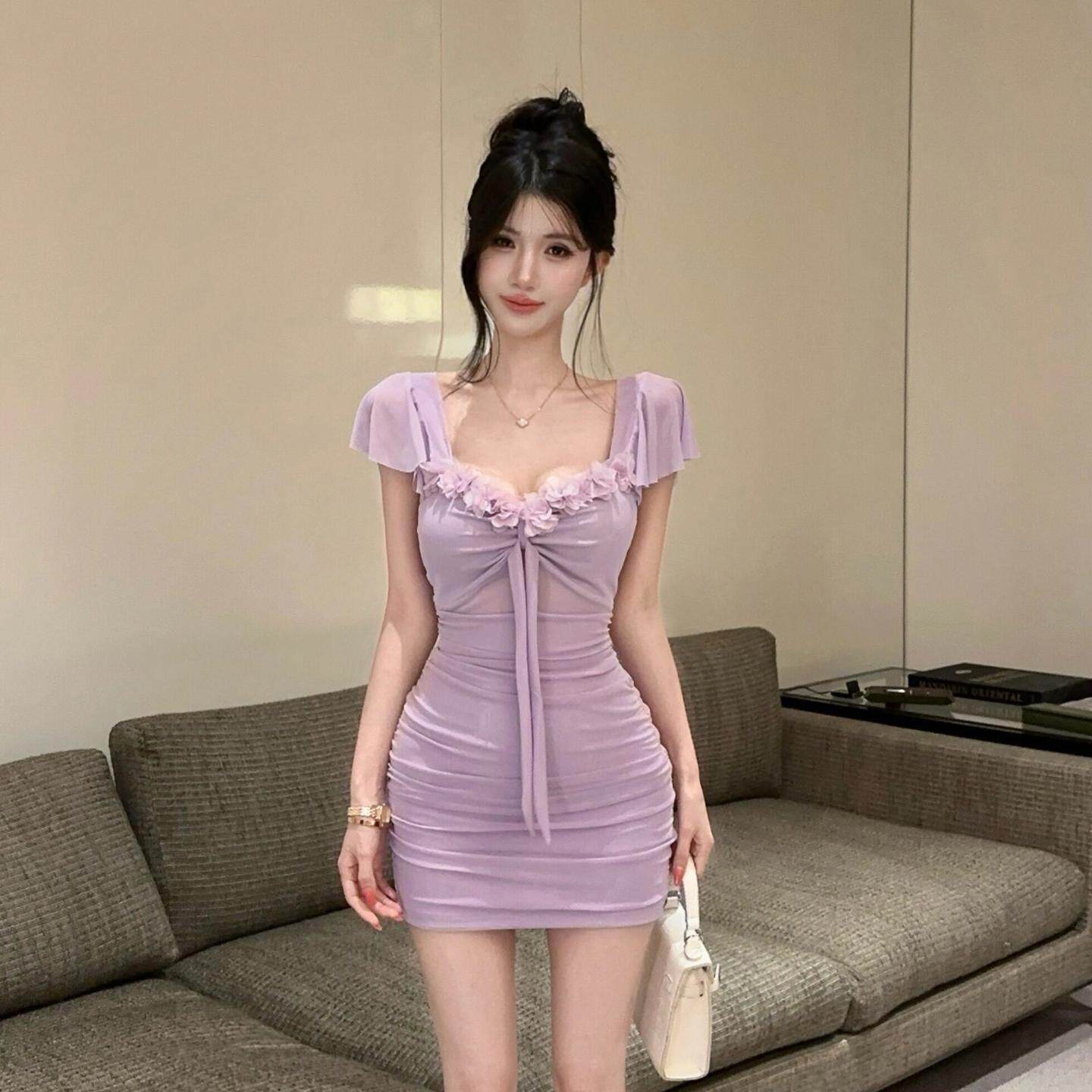 柔式减龄夜场上班衣服性感低胸网纱褶皱包臀连衣裙洗浴技师工作服