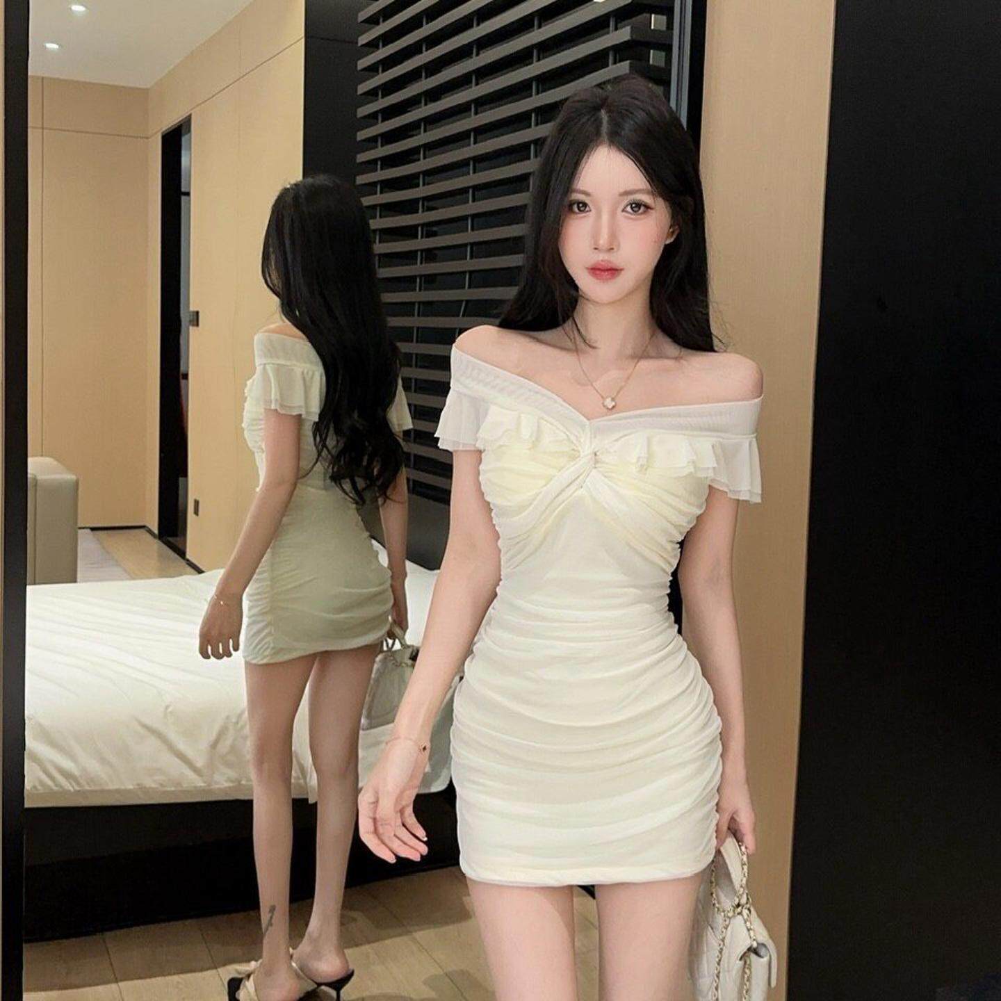 夜店女装性感v领网纱荷叶边包臀连衣裙柔式足疗桑拿技师工作服女