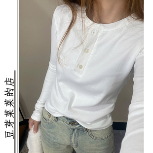 美式 bm直筒白色短上衣潮 复古纯色亨利领长袖 T恤女外穿内搭打底衫