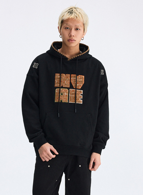 WaitingWave美式复古风贴布绣帽衫秋冬潮牌宽松连帽卫衣男女同款