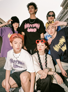 WaitingWave眩晕模糊印花刺绣短袖男美式重磅街头校园风情侣T恤女