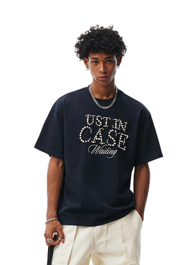 WaitingWave复古珍珠美式运动短袖T恤男女夏季情侣装潮牌钉珠上衣