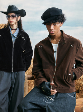 WAITINGWAVE复古麂皮绒夹克男哈灵顿潮牌休闲立领工装外套女