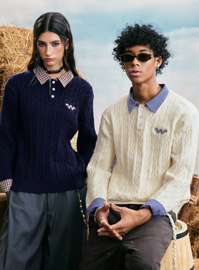 WAITINGWAVE假两件miu系格子毛衣简约百搭休闲翻领毛衣针织衫