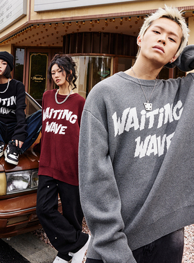 WaitingWave秋季国潮美式重磅基础款圆领毛衣男套头上衣男情侣款