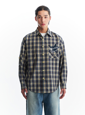 WaitingWave美式复古格子衬衫外套春夏五角星贴布绣衬衣男女同款