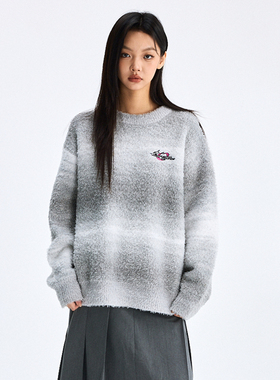 WaitingWave美式渐变条纹毛衣慵懒感男女同款圆领宽松套头针织衫