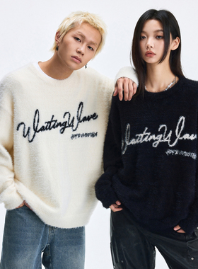 WaitingWave复古仿貂毛字母毛衣男美式情侣慵懒风圆领针织衫外穿