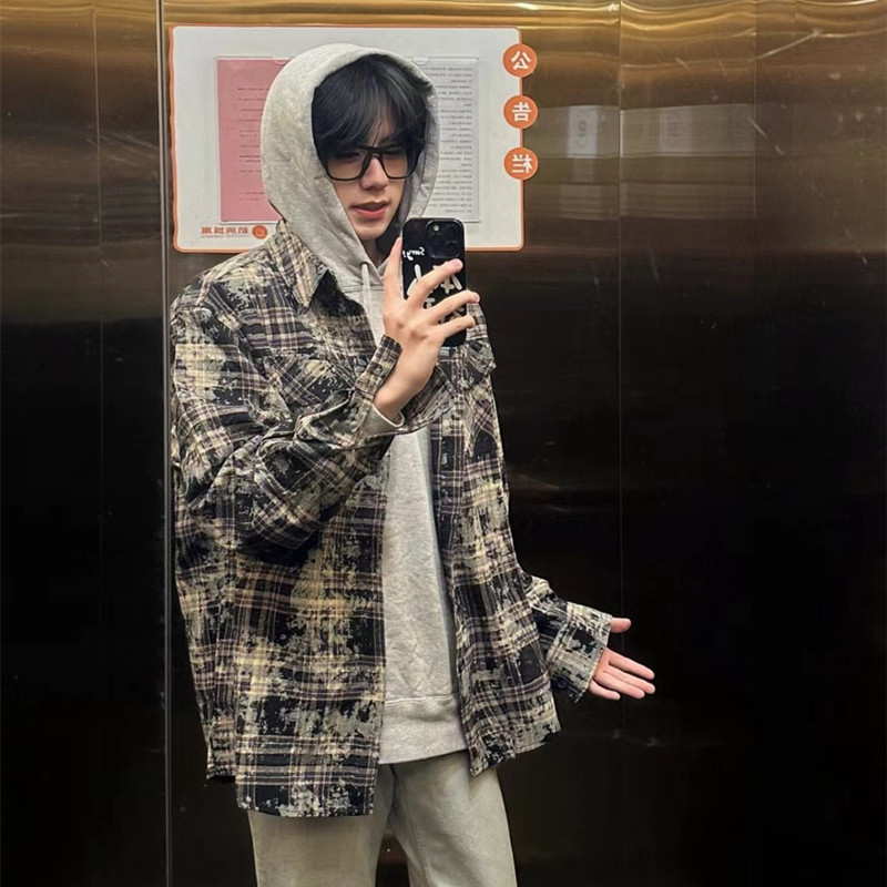 WaitingWave美式做旧格子衬衫男外套女流苏破坏风情侣款衬衣长袖,男装,衬衫,淘宝优惠券,粉丝福利购,淘宝优惠卷