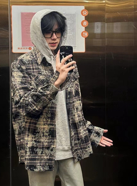 WaitingWave美式做旧格子衬衫男外套女流苏破坏风情侣款衬衣长袖