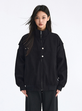 WaitingWave 美式立领飞行夹克外套男黑色休闲宽松情侣工装上衣