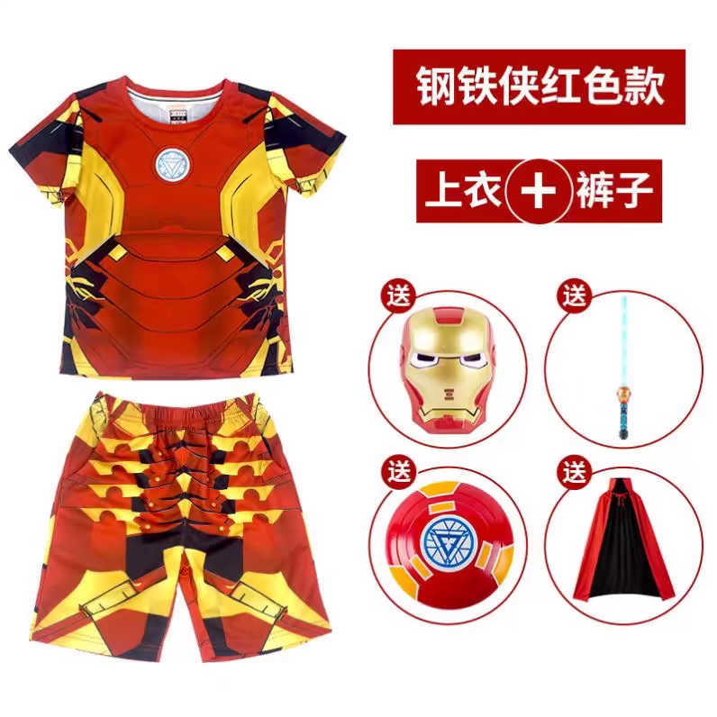 钢铁侠t恤男童美国队长服装儿童漫威蜘蛛侠衣服cos演出套装短袖夏