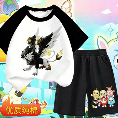 蛋仔派对拼接短袖短裤夏季神奇艾比超萌珍珠海狮男女童纯棉套装潮