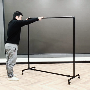 1寸钢管晾衣架服装店展示架落地式挂衣架黑色铁艺衣架可移动带轮