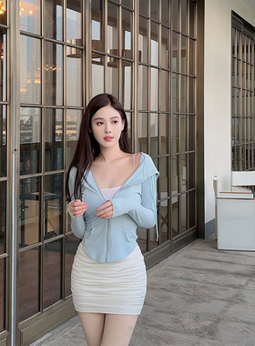 nicky温柔纯欲 蓝色连帽春秋针织开衫外套女2026新款修身防晒短款