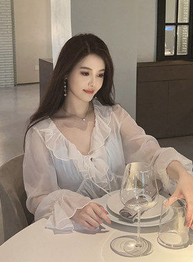 『限时2折起』防晒白色荷叶边开衫上衣女宽松百搭长袖设计感小众