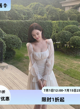 『限时2折起』白色荷叶边法式性感连衣裙温柔小众设计高腰纯欲