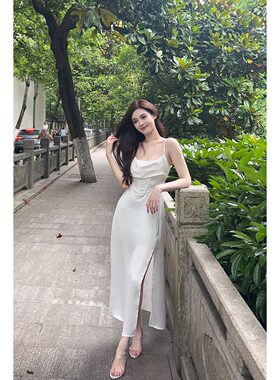 『限时2折起』白色醋酸缎面法式连衣裙女夏高级感性感性感荡领