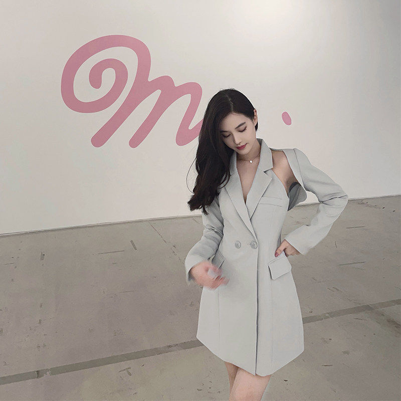 5折 雾霾蓝设计感西装连衣裙双排扣法式2024春季新款中长款收腰