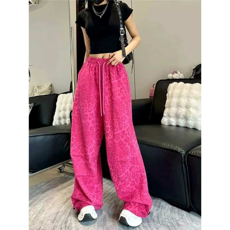 春秋大码300斤休闲阔腿裤女豹纹印花时尚抽绳松紧腰直筒拖地裤子