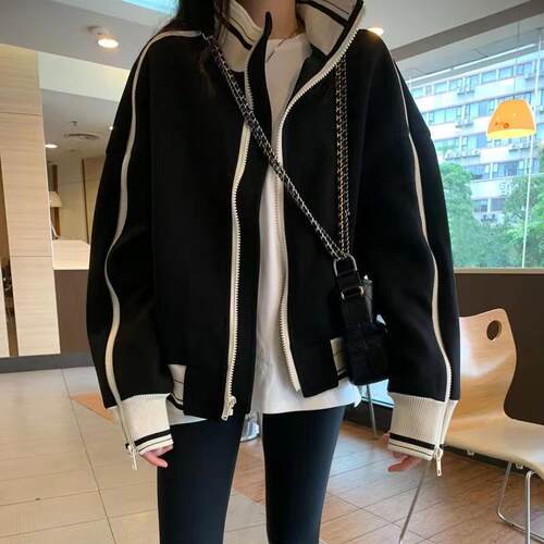 美式学院风立领棒球服外套女秋冬季慵懒风宽松休闲个性小个子卫衣