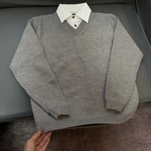 假两件v领情侣毛衣 领针织衫 Z322 高级感叠穿衬衫