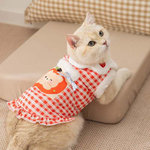 猫衣服格子口袋花瓣领马甲秋冬季加绒保暖成幼猫冬天狗狗宠物服饰