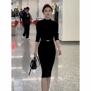 2025春装新款气质内搭打底连衣裙女长袖修身显瘦减龄包臀裙长裙子