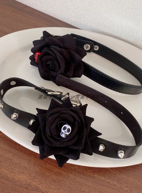 黑色PU铆钉玫瑰花颈链脖子链