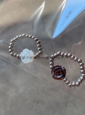 原创手作款！支持尺寸定制！贝壳玫瑰花戒指弹力串珠知性气质配饰