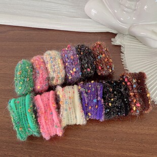 新款头绳秋冬毛线杂色发圈小香风复古针织弹力马尾皮筋毛毛巾圈