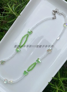 超适合夏天！新款清新绿色仿水晶设计感项链爱心小熊可爱少女脖子
