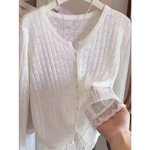 蕾丝拼接防晒针织衫 洋气减龄宽松时尚 法式 女夏季 上衣 百搭长袖 薄款