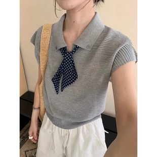 POLO领波点丝巾冰丝无袖 夏日漂亮小上衣 针织衫 背心t恤女2025新款